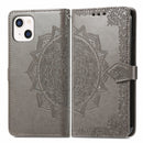 Mandala Flower Embossed Horizontal Flip Leather Case with Holder & Three Card Slots & Wallet & Lanyard For iPhone 13 (Grey)