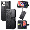 Butterfly Love Flower Embossed Horizontal Flip Leather Case with Bracket / Card Slot / Wallet / Lanyard For iPhone 13(Black)