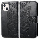 Butterfly Love Flower Embossed Horizontal Flip Leather Case with Bracket / Card Slot / Wallet / Lanyard For iPhone 13(Black)