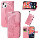 Butterfly Love Flower Embossed Horizontal Flip Leather Case with Bracket / Card Slot / Wallet / Lanyard For iPhone 13(Pink)