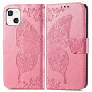 Butterfly Love Flower Embossed Horizontal Flip Leather Case with Bracket / Card Slot / Wallet / Lanyard For iPhone 13(Pink)