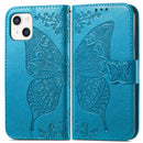 Butterfly Love Flower Embossed Horizontal Flip Leather Case with Bracket / Card Slot / Wallet / Lanyard For iPhone 13(Blue)