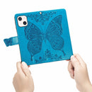 Butterfly Love Flower Embossed Horizontal Flip Leather Case with Bracket / Card Slot / Wallet / Lanyard For iPhone 13(Blue)
