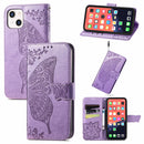 Butterfly Love Flower Embossed Horizontal Flip Leather Case with Bracket / Card Slot / Wallet / Lanyard For iPhone 13(Light Purple)