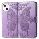 Butterfly Love Flower Embossed Horizontal Flip Leather Case with Bracket / Card Slot / Wallet / Lanyard For iPhone 13(Light Purple)