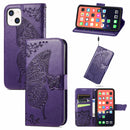 Butterfly Love Flower Embossed Horizontal Flip Leather Case with Bracket / Card Slot / Wallet / Lanyard For iPhone 13(Dark Purple)
