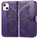 Butterfly Love Flower Embossed Horizontal Flip Leather Case with Bracket / Card Slot / Wallet / Lanyard For iPhone 13(Dark Purple)