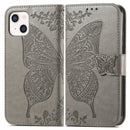 Butterfly Love Flower Embossed Horizontal Flip Leather Case with Bracket / Card Slot / Wallet / Lanyard For iPhone 13(Grey)