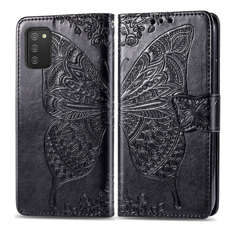 For Samsung Galaxy A03s 164mm Butterfly Love Flowers Embossed Horizontal Flip Leather Case with Holder & Card Slots & Wallet & Lanyard(Black)