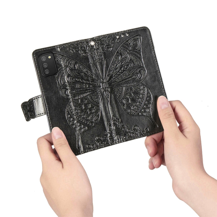 For Samsung Galaxy A03s 164mm Butterfly Love Flowers Embossed Horizontal Flip Leather Case with Holder & Card Slots & Wallet & Lanyard(Black)