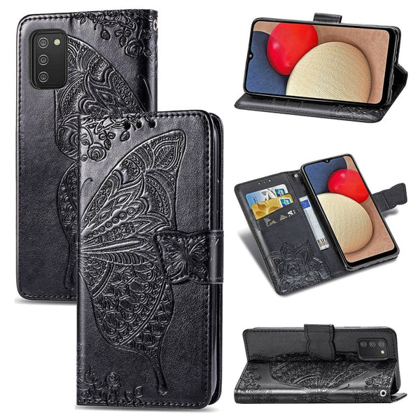 For Samsung Galaxy A03s 164mm Butterfly Love Flowers Embossed Horizontal Flip Leather Case with Holder & Card Slots & Wallet & Lanyard(Black)