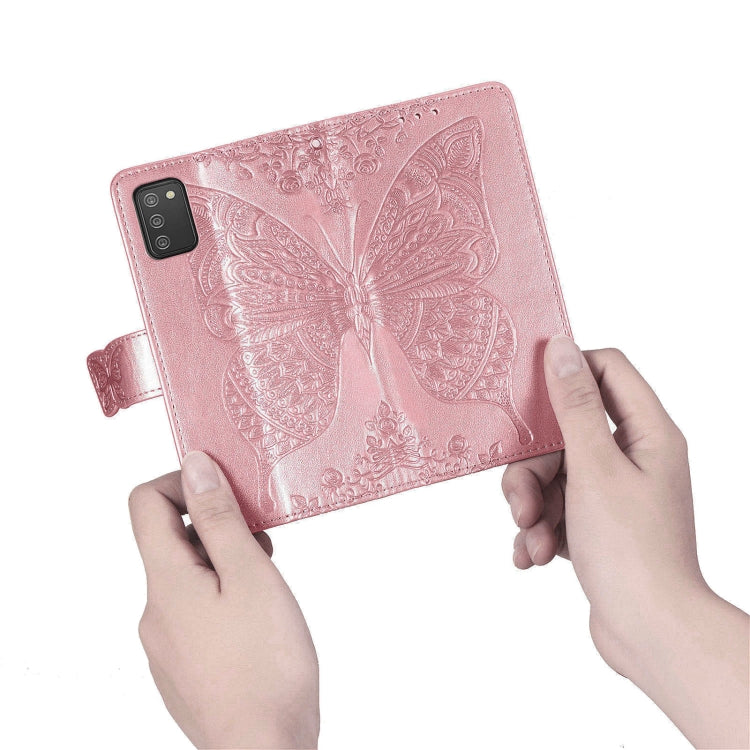 For Samsung Galaxy A03s 164mm Butterfly Love Flowers Embossed Horizontal Flip Leather Case with Holder & Card Slots & Wallet & Lanyard(Rose Gold)