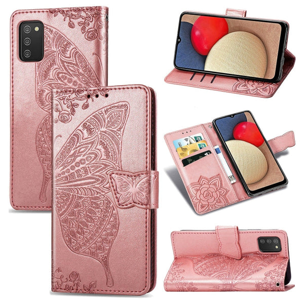 For Samsung Galaxy A03s 164mm Butterfly Love Flowers Embossed Horizontal Flip Leather Case with Holder & Card Slots & Wallet & Lanyard(Rose Gold)