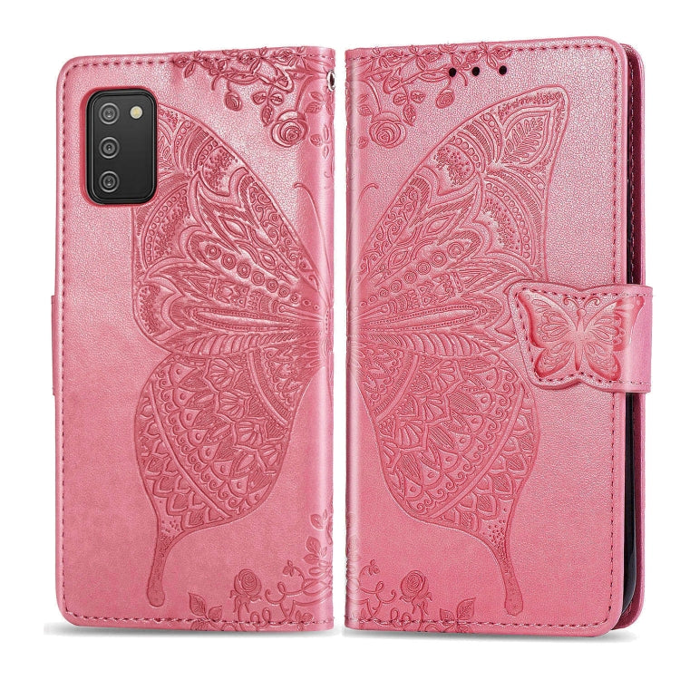 For Samsung Galaxy A03s 164mm Butterfly Love Flowers Embossed Horizontal Flip Leather Case with Holder & Card Slots & Wallet & Lanyard(Pink)