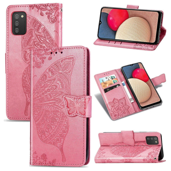 For Samsung Galaxy A03s 164mm Butterfly Love Flowers Embossed Horizontal Flip Leather Case with Holder & Card Slots & Wallet & Lanyard(Pink)