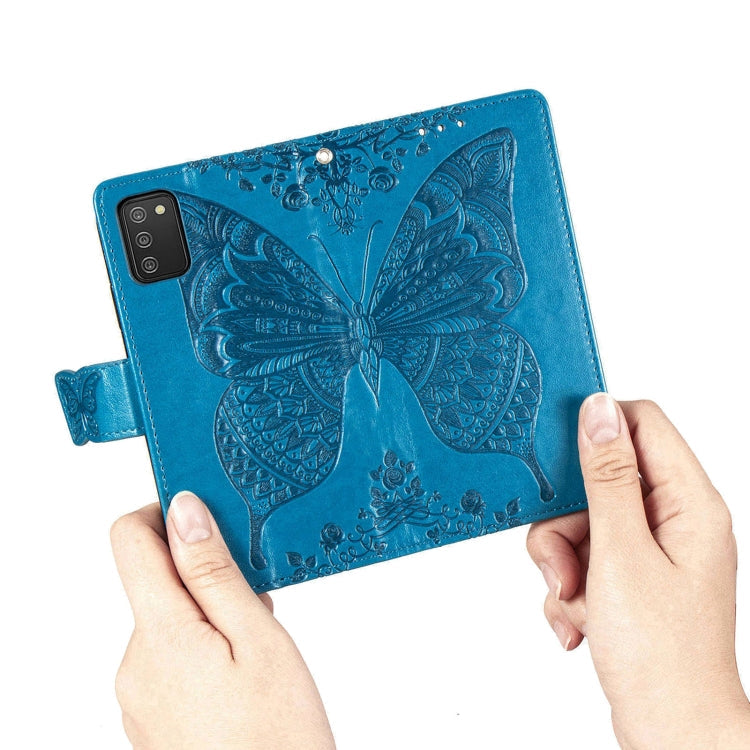 For Samsung Galaxy A03s 164mm Butterfly Love Flowers Embossed Horizontal Flip Leather Case with Holder & Card Slots & Wallet & Lanyard(Blue)