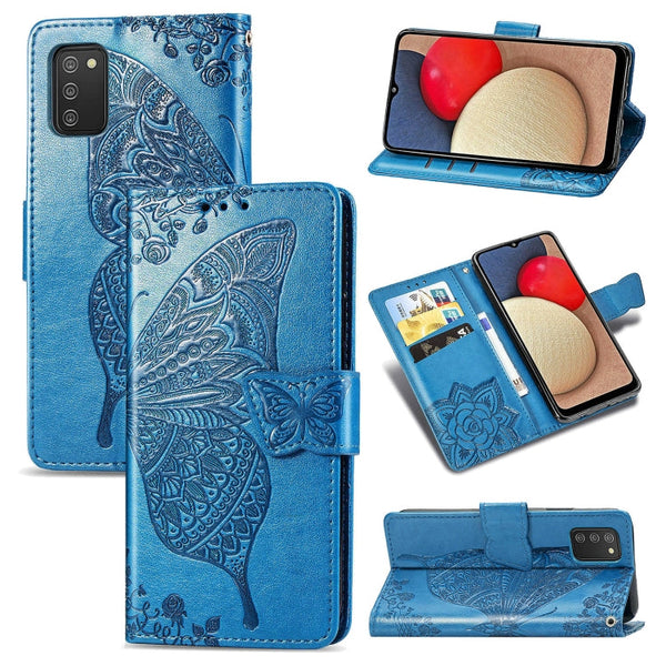 For Samsung Galaxy A03s 164mm Butterfly Love Flowers Embossed Horizontal Flip Leather Case with Holder & Card Slots & Wallet & Lanyard(Blue)