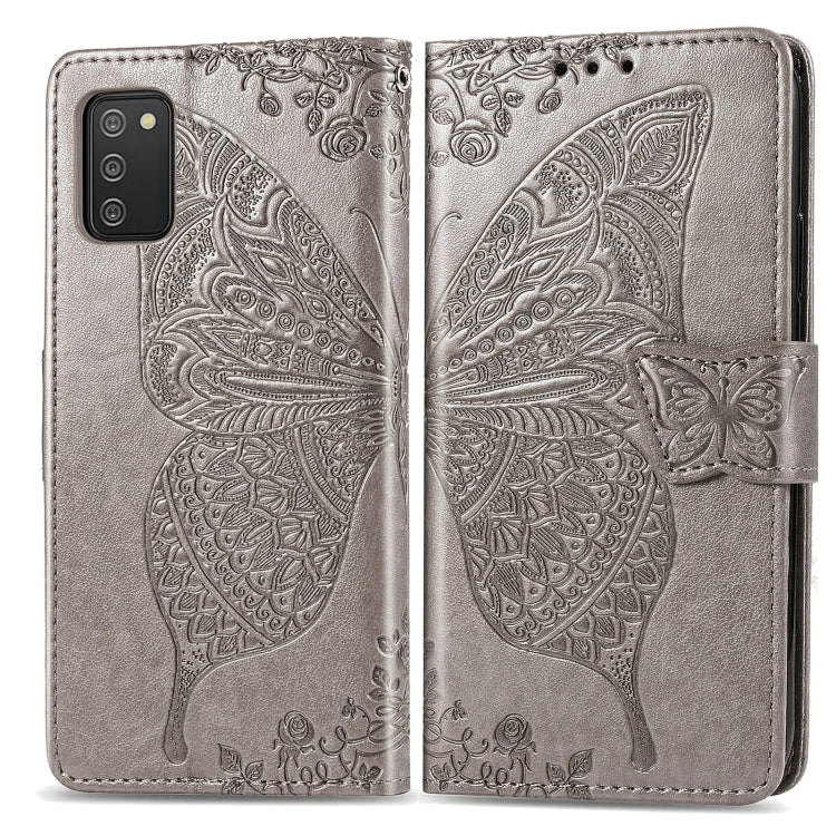 For Samsung Galaxy A03s 164mm Butterfly Love Flowers Embossed Horizontal Flip Leather Case with Holder & Card Slots & Wallet & Lanyard(Gray)