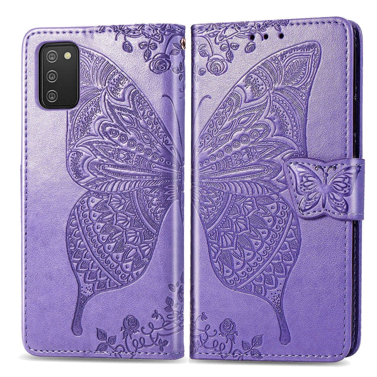 For Samsung Galaxy A03s 164mm Butterfly Love Flowers Embossed Horizontal Flip Leather Case with Holder & Card Slots & Wallet & Lanyard(Light Purple)