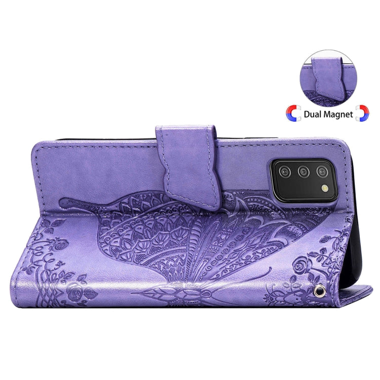 For Samsung Galaxy A03s 164mm Butterfly Love Flowers Embossed Horizontal Flip Leather Case with Holder & Card Slots & Wallet & Lanyard(Light Purple)
