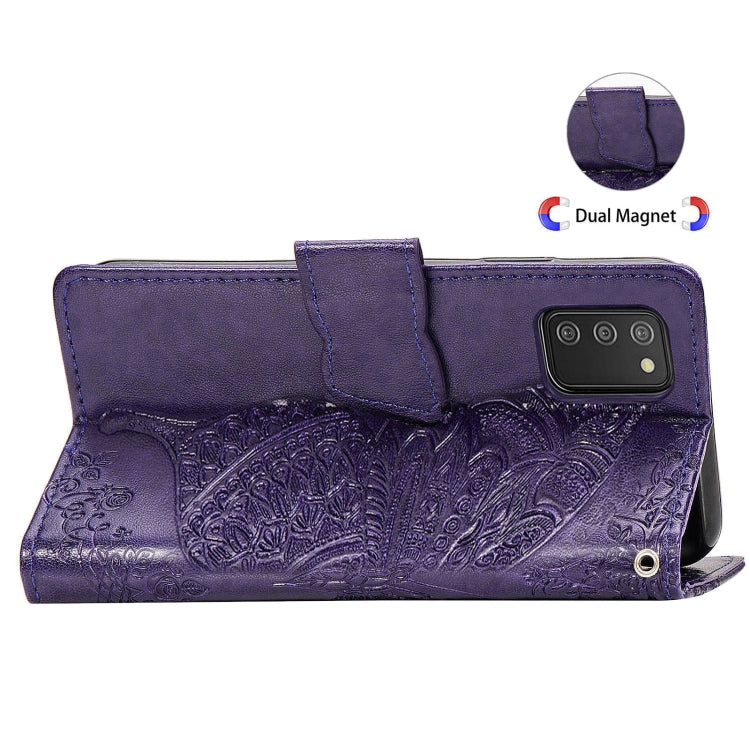 For Samsung Galaxy A03s 164mm Butterfly Love Flowers Embossed Horizontal Flip Leather Case with Holder & Card Slots & Wallet & Lanyard(Dark Purple)
