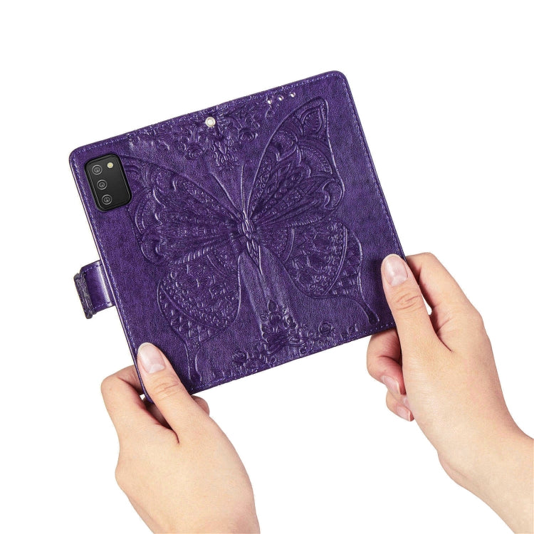 For Samsung Galaxy A03s 164mm Butterfly Love Flowers Embossed Horizontal Flip Leather Case with Holder & Card Slots & Wallet & Lanyard(Dark Purple)