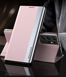 For Samsung Galaxy S21 Ultra 5G Side Electroplated Magnetic Ultra-Thin Horizontal Flip Leather Case with Holder(Pink)