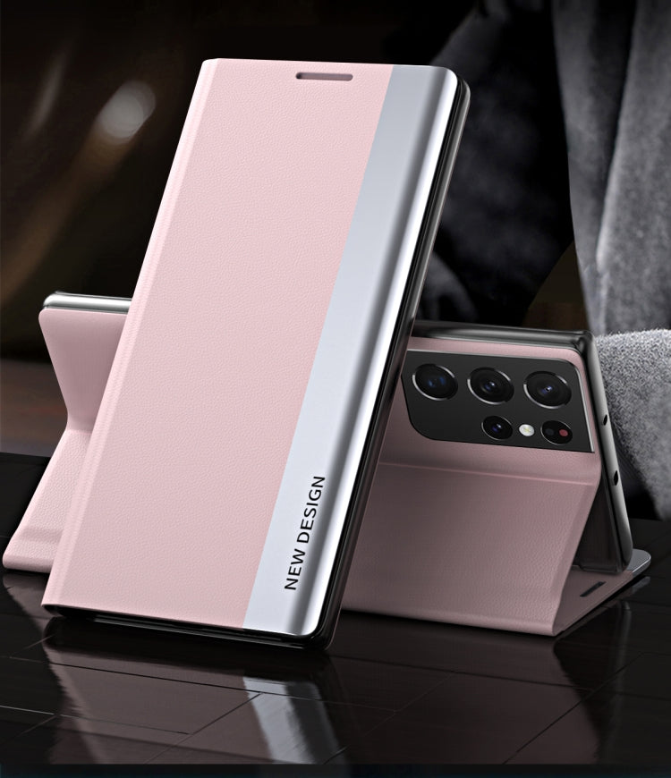 For Samsung Galaxy S21 Ultra 5G Side Electroplated Magnetic Ultra-Thin Horizontal Flip Leather Case with Holder(Pink)