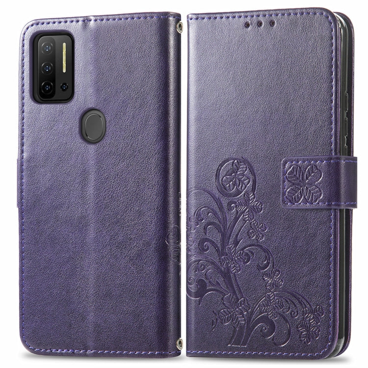 For Ulefone Note 11 Plus Four-leaf Clasp Embossed Buckle Mobile Phone Protection Leather Case with Lanyard & Card Slot & Wallet & Bracket Function(Purple)