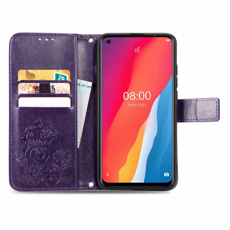 For Ulefone Note 11 Plus Four-leaf Clasp Embossed Buckle Mobile Phone Protection Leather Case with Lanyard & Card Slot & Wallet & Bracket Function(Purple)