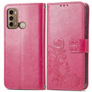 For Motorola Moto G60 Four-leaf Clasp Embossed Buckle Mobile Phone Protection Leather Case with Lanyard & Card Slot & Wallet & Bracket Function(Magenta)