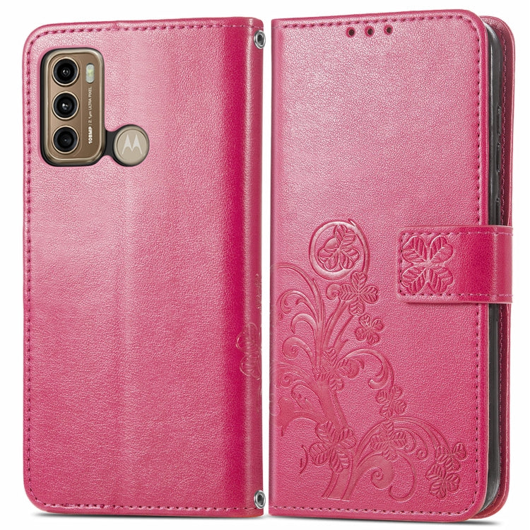 For Motorola Moto G60 Four-leaf Clasp Embossed Buckle Mobile Phone Protection Leather Case with Lanyard & Card Slot & Wallet & Bracket Function(Magenta)