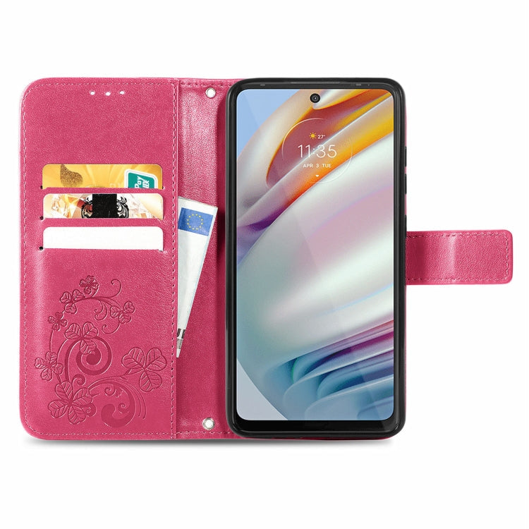 For Motorola Moto G60 Four-leaf Clasp Embossed Buckle Mobile Phone Protection Leather Case with Lanyard & Card Slot & Wallet & Bracket Function(Magenta)