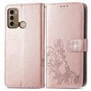 For Motorola Moto G60 Four-leaf Clasp Embossed Buckle Mobile Phone Protection Leather Case with Lanyard & Card Slot & Wallet & Bracket Function(Rose Gold)