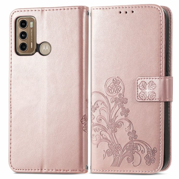 For Motorola Moto G60 Four-leaf Clasp Embossed Buckle Mobile Phone Protection Leather Case with Lanyard & Card Slot & Wallet & Bracket Function(Rose Gold)