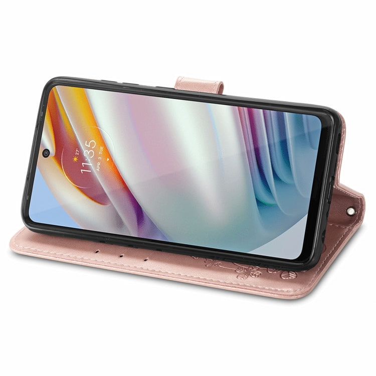 For Motorola Moto G60 Four-leaf Clasp Embossed Buckle Mobile Phone Protection Leather Case with Lanyard & Card Slot & Wallet & Bracket Function(Rose Gold)