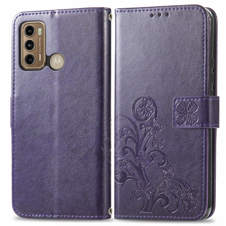 For Motorola Moto G60 Four-leaf Clasp Embossed Buckle Mobile Phone Protection Leather Case with Lanyard & Card Slot & Wallet & Bracket Function(Purple)