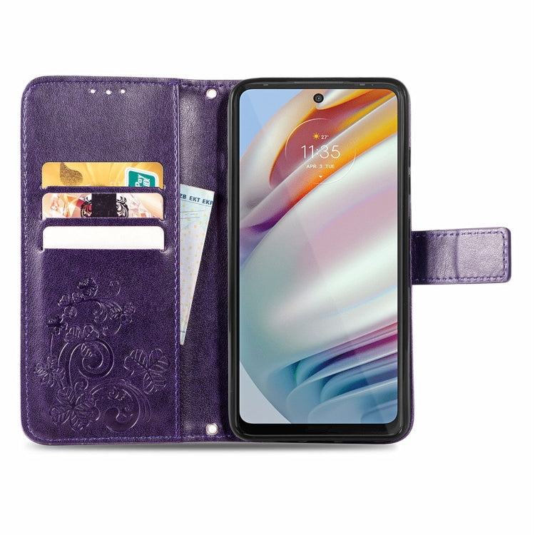For Motorola Moto G60 Four-leaf Clasp Embossed Buckle Mobile Phone Protection Leather Case with Lanyard & Card Slot & Wallet & Bracket Function(Purple)