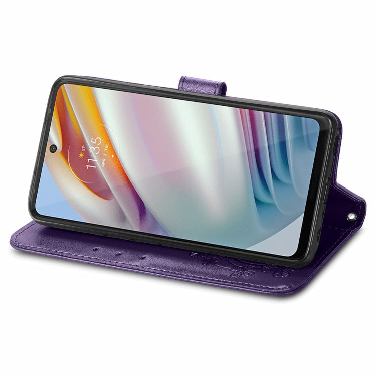 For Motorola Moto G60 Four-leaf Clasp Embossed Buckle Mobile Phone Protection Leather Case with Lanyard & Card Slot & Wallet & Bracket Function(Purple)