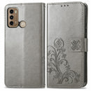 For Motorola Moto G60 Four-leaf Clasp Embossed Buckle Mobile Phone Protection Leather Case with Lanyard & Card Slot & Wallet & Bracket Function(Gray)