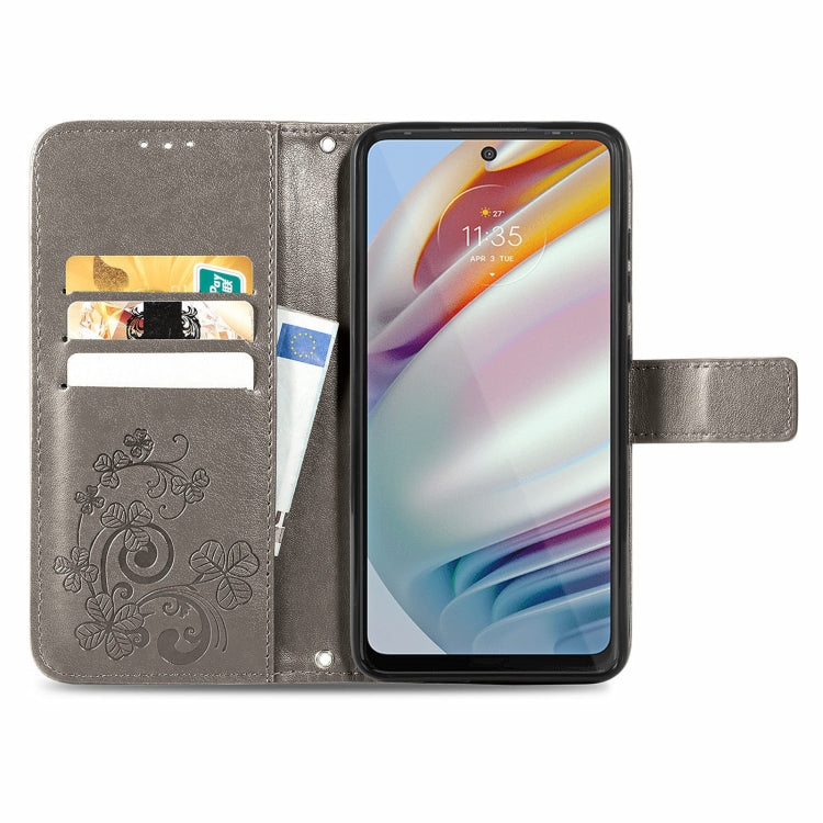 For Motorola Moto G60 Four-leaf Clasp Embossed Buckle Mobile Phone Protection Leather Case with Lanyard & Card Slot & Wallet & Bracket Function(Gray)