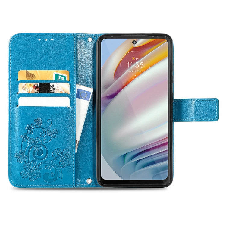 For Motorola Moto G60 Four-leaf Clasp Embossed Buckle Mobile Phone Protection Leather Case with Lanyard & Card Slot & Wallet & Bracket Function(Blue)
