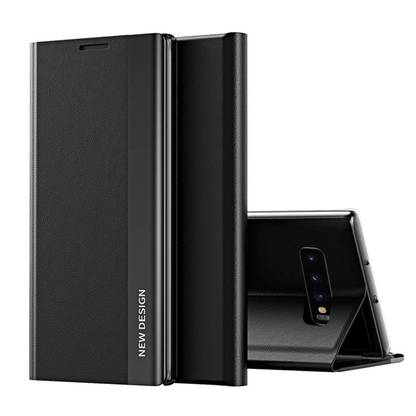 For Samsung Galaxy S10 Side Electroplated Magnetic Ultra-Thin Horizontal Flip Leather Case with Holder(Black)