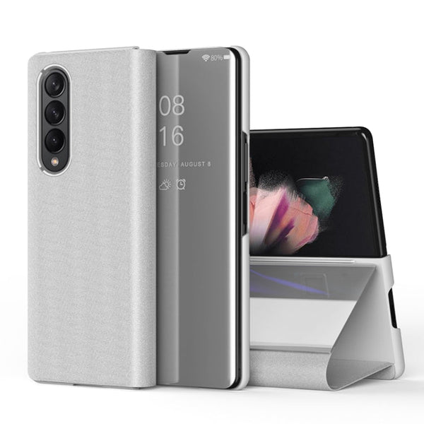 For Samsung Galaxy Z Fold3 Plated Mirror Horizontal Flip Leather Case with Holder(Silver)