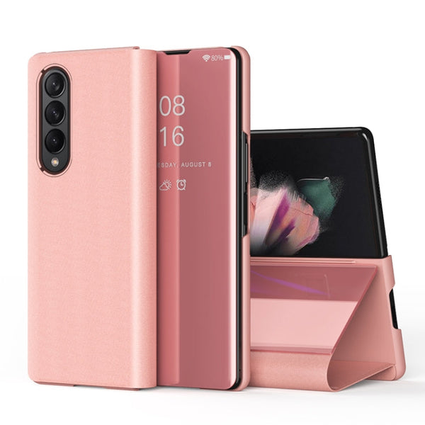 For Samsung Galaxy Z Fold3 Plated Mirror Horizontal Flip Leather Case with Holder(Rose Gold)