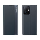 For Xiaomi Mi 11T / 11T Pro Side Window Display Magnetic Suction Plain Grain Flip PU Leather + PC Case with Holder(Dark Blue)