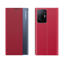 For Xiaomi Mi 11T / 11T Pro Side Window Display Magnetic Suction Plain Grain Flip PU Leather + PC Case with Holder(Red)