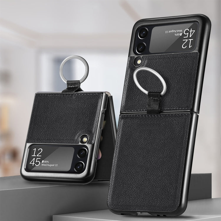 For Samsung Galaxy Z Flip3 5G Litchi Pattern Folding Phone Case with Ring Buckle(Black)