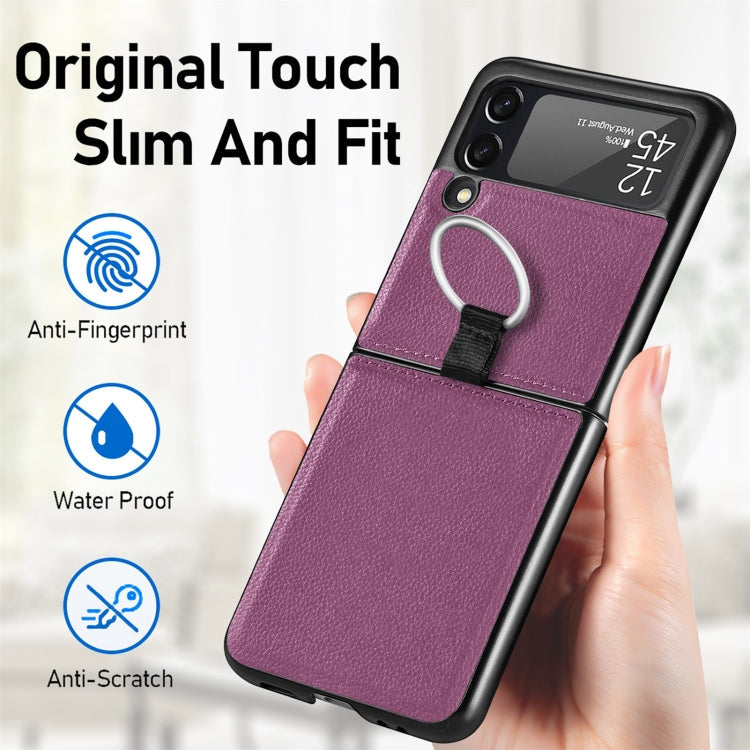 For Samsung Galaxy Z Flip3 5G Litchi Pattern Folding Phone Case with Ring Buckle(Purple)