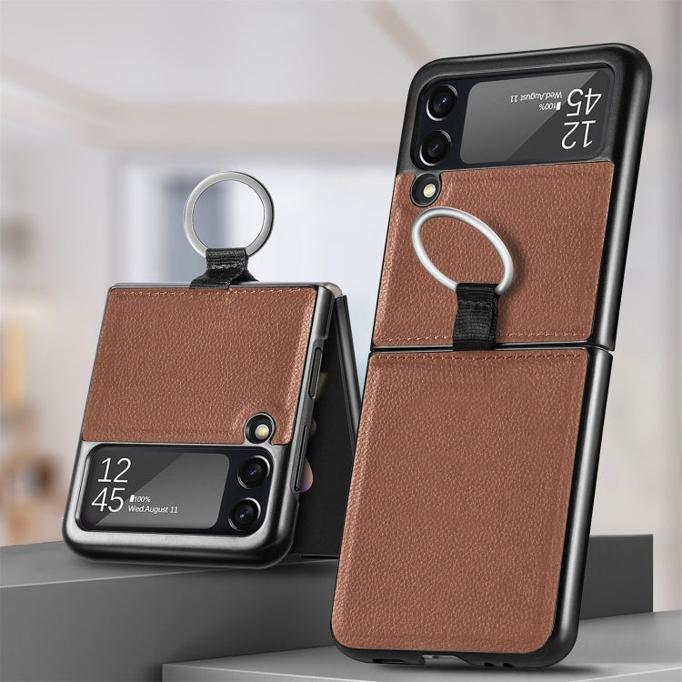 For Samsung Galaxy Z Flip3 5G Litchi Pattern Folding Phone Case with Ring Buckle(Brown)
